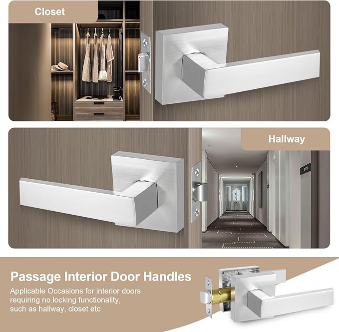 Square Passage Door Lever, Heavy Duty Interior Door Handles for Hallway& Closet Non-Locking Door Knob in Satin Nickel Keyless Door Lockset for Right & Left Side Door, 2 Pack