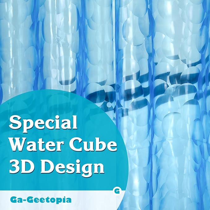 Ga-Geetopia Narrow Size Blue Pearl 3D EVA Stall Shower Curtain Liner, 36x72 Inch Light Weight Plastic Bathroom Shower Curtain with Rustproof Metal Grommets, Magnets for Small Shower Stall, Bathtubs