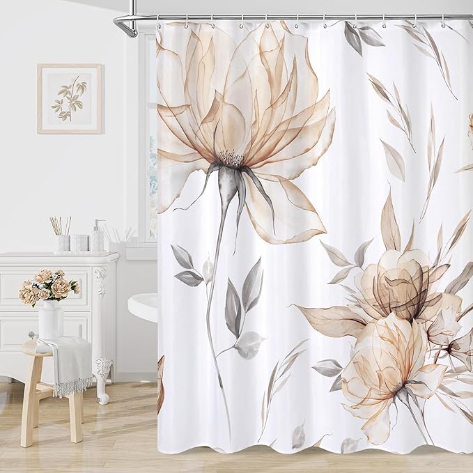 Extra Long Boho Watercolor Floral Shower Curtain 72 x 84, Light Brown and Grey Ink Painting Style Flower Shower Curtains for Chic Elegant Bathroom, Artistic XL Fabric Cloth Shower Curtain