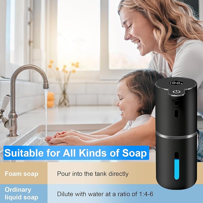 Automatic Foaming Soap Dispenser Touchless, USB Rechargeable Smart Hand Soap Dispenser, 6-Level Adjustable, 12.8oz/380mL, Compatible with Thick Thin Dish Soap for Bathroom Kitchen-Black
