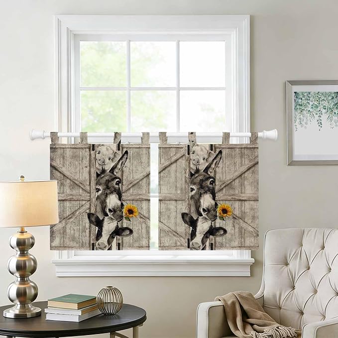 Funny Farm Animals Kitchen Curtains 24 Inch Length, Small Window Curtains Tab - Image 2