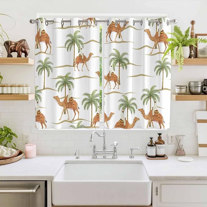 2 Panel Kitchen Cafe Curtains, Desert Camels Sunlight Filtering Nature Air - Image 2