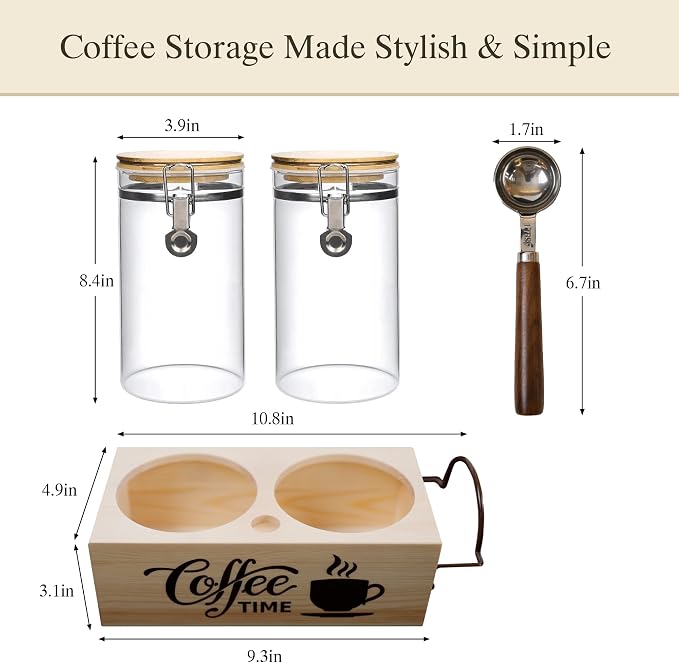 Glass Coffee Canister Set with Shelf & Spoon 2 Piece Coffee Containers - Image 2