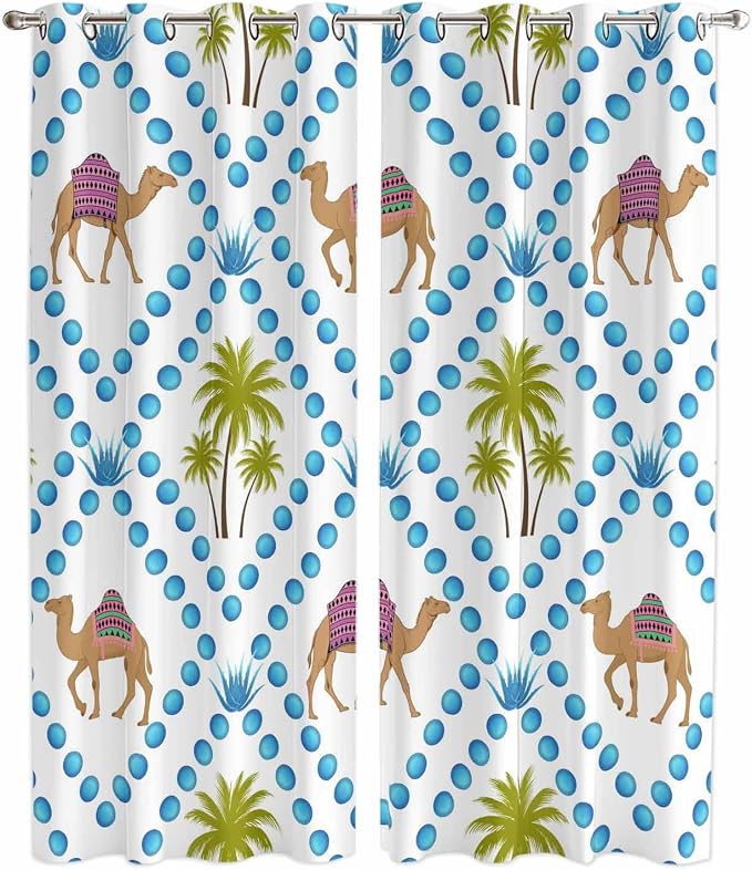 2 Panel Kitchen Cafe Curtains, Camels Palm Trees Sunlight Filtering Nature Air by Hokiten