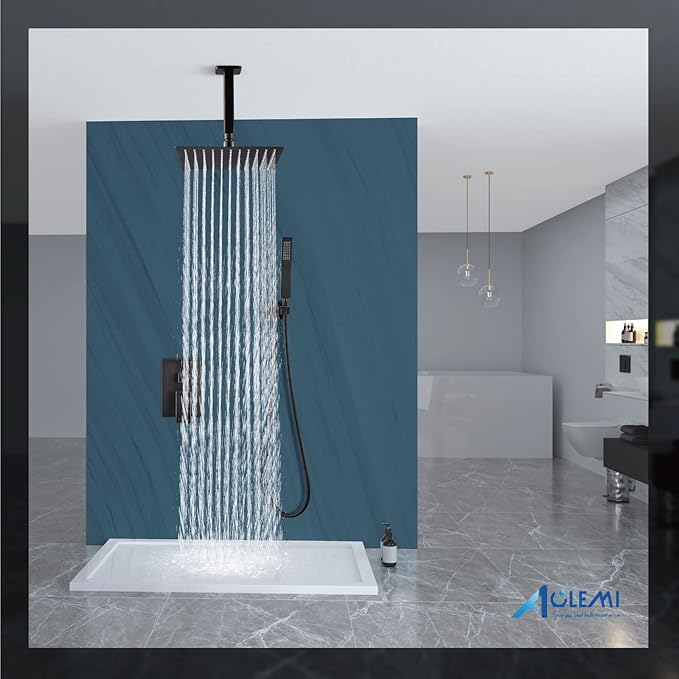 Aolemi Ceiling Mount Shower System Rain Shower Head with Handheld Spray High Pressure Shower Faucet Set Rough-in Valve Shower Trim Kit Included Bathroom Oil Rubbed Bronze 10 Inch Ceiling Shower Head