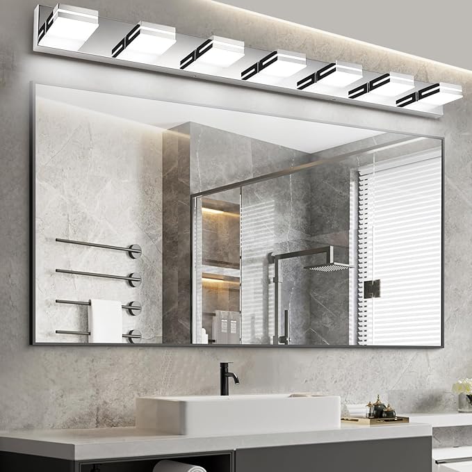 SineRise LED Modern Bathroom Vanity Light Fixtures (7-Light, 55-Inch), Chrome Modern Acrylic Bathroom Wall Lighting Fixtures Over Mirror (Cool White 6000K)