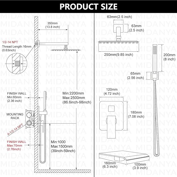 Midanya Rain Shower System with Tub Spout,Tub Shower Faucet Set with rainfall Shower Head and Handheld Spray,Wall Mount Tub Shower Combo Rough-in Valve Included,10 Inch Matte Black