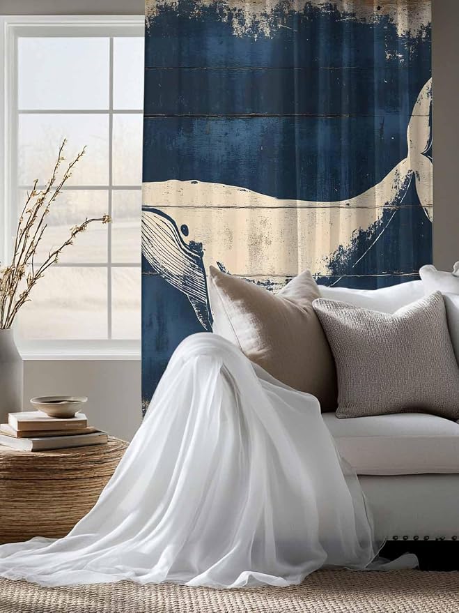 Sheer Curtains 72 Inches Long, Ocean Whale Blue Semi Sheer Curtains Light - Image 4