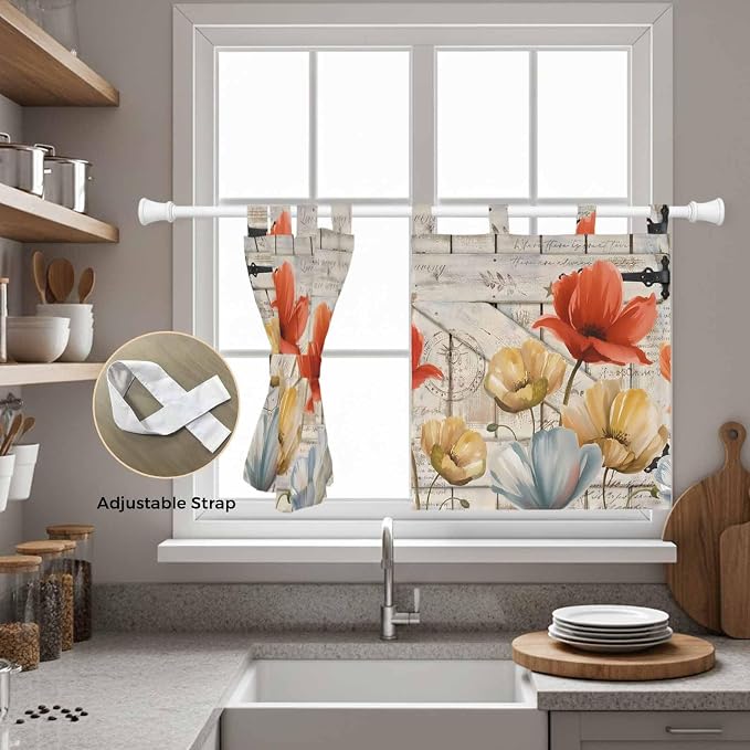 Retro Floral Kitchen Curtains 24 Inch Length, Small Window Curtains Tab Top - Image 5