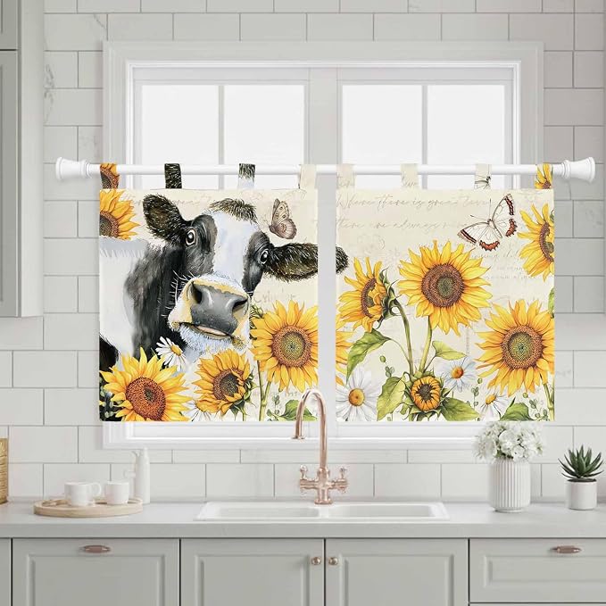 Yellow Sunflowers Kitchen Curtains 36 Inch Length, Small Window Curtains Tab Top - Image 3