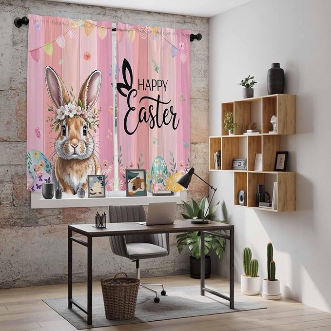 Easter Kitchen Curtains, Spring Rabbit Eggs Flowers Flags Leaves Wood Grain - Image 6