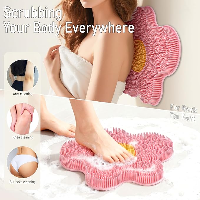 Shower Foot Scrubber Mat Silicone, Back Scrubber Exfoliating Washer Pad Wall-Mounted, Large Feet Clean Message with Suction Cups for Wall Smooth Floor - Extra long & Soft Bristles without Bending Pink