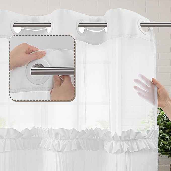 ROSERY No Hook Ruffle Shower Curtain with Snap in Fabric Liner Set, Ruched Vintage Farmhouse Shower Curtain for Bathroom with See Through Window, Ruffle Pattern, 71" W x 74" L