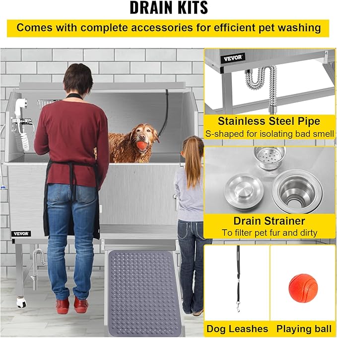 VEVOR Dog Grooming Tub, 50" Right Door Pet Wash Station, Professional Stainless Steel Tub Rated 330LBS Load Capacity, Non-Skid Dog Washing Station Comes with Ramp, Faucet, Sprayer and Drain Kit