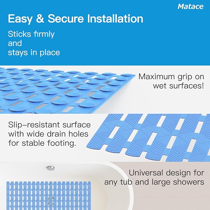 Bathtub Mat Non Slip - for Inside Bath Tub & Shower, Thick & Soft Textured Surface, Fast Drain, No Pooling Water for Better Hygiene, Bathroom Accessories, 27x16 Inch, Pastel Blue, Matace