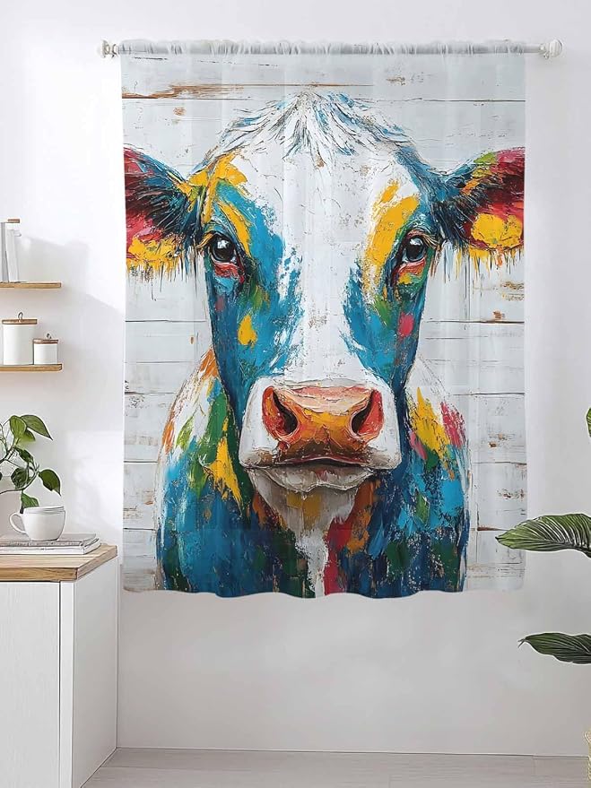 Sheer Curtains 72 Inches Long, Rustic Cow Semi Sheer Curtains Light Filtering - Image 2