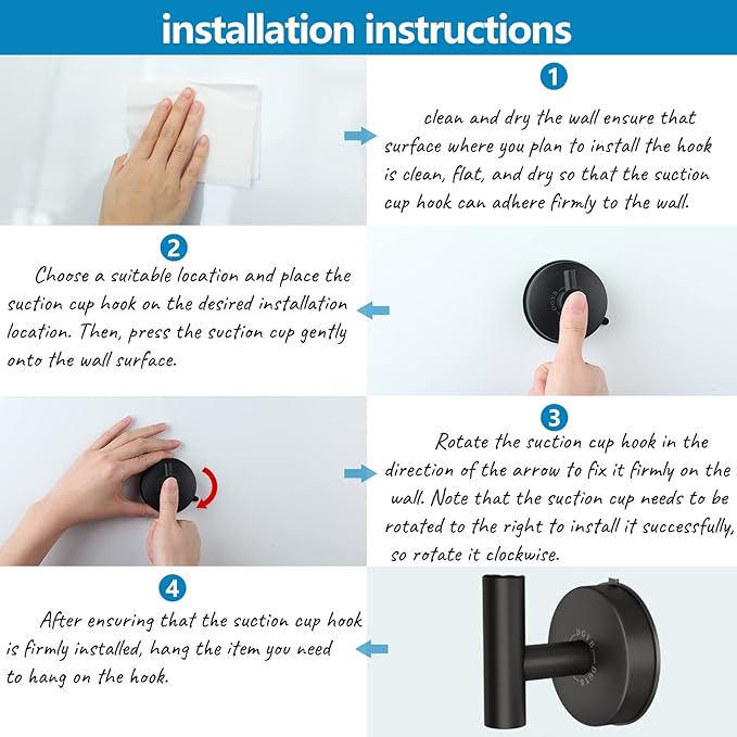 DGYB Large Suction Cup Hooks for Shower Set of 4 - Black Towel Hooks for Bathrooms - Stainless Steel Removable Wall Hooks - 15 Lb Heavy Duty Hanging