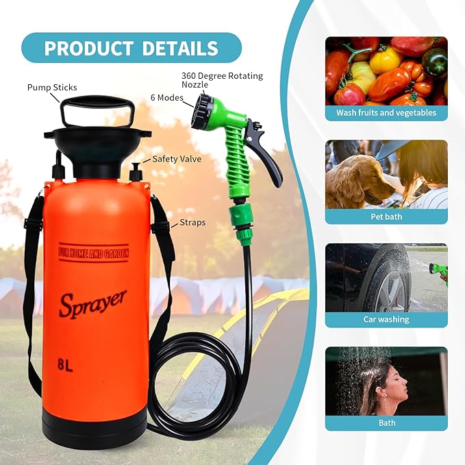 2.1 Gallon Portable Shower for Camping with 7 Spray Modes, Camping Shower for Beach Shower, Car Shower, Hand Press with Removable Hose and Shower Head (Orange)
