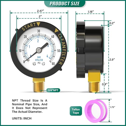 0-60PSI Pool Filter Pressure Gauge, 1/4" NPT Lower Mount, - Image 2