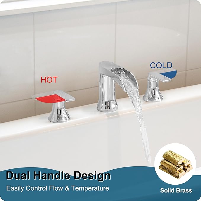 Chrome Deck Mount Tub Faucet 3 Hole, Brass Widespread Waterfall Bathtub Faucet 2 Handle 8-16 Ins Bath Tub Faucets Set High Flow Faucet for Bathtub