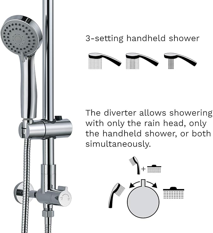 Fennocasa Polaris 1 Rain Shower System, includes 8” Rainfall Shower Head with High Pressure Handheld Combo, 3-Setting Handheld Spray, Height Adjustable Spray Holder, 60” Hose (Chrome)