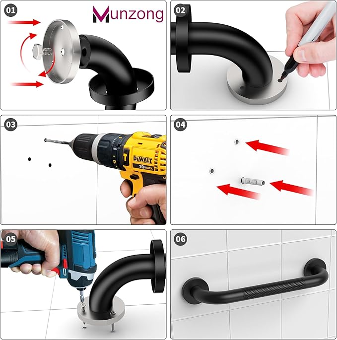 12 Inch Anti Slip Bathroom Grab Bar, 2 Pack Munzong Oil Rubbed Black Shower Grab Bar for Bathtubs, Knurled Handicap Balance Bar,Safety Hand Rail Support Elderly Senior