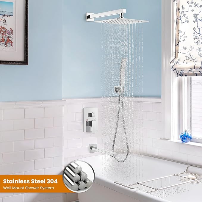 gotonovo Shower System with Tub Spout Wall Mounted Rain Shower Head and Handle Combo Shower Faucet Set with Valve, 10 Inch, Polish Chrome