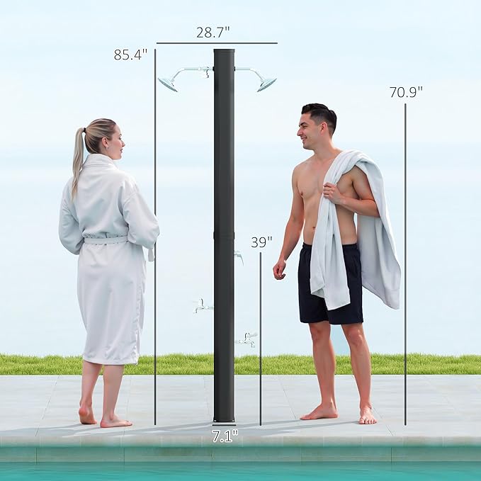 Outsunny 9.2 Gal Solar Heated Outdoor Shower, 7.1F 2-Section Outdoor Solar Shower with 2 Foot Showers, 2 360° Swivel Shower Heads & Temperature Adjustment for Backyard Poolside Beach Pool Spa