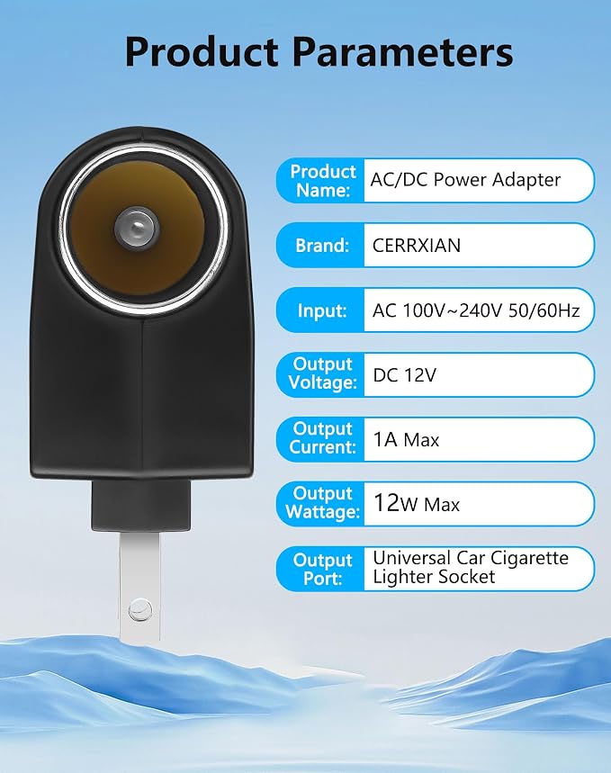 CERRXIAN AC to DC Adapter Wall Plug to 12V 12W Cigarette Lighter Converter - Image 2