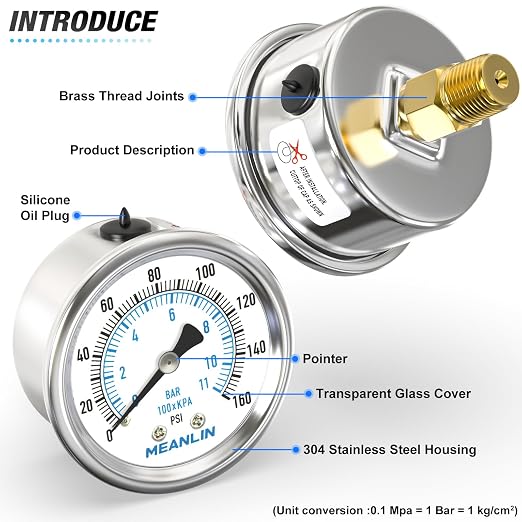 MEANLIN MEASURE 0~160Psi Dry Pressure Gauge Stainless Steel 1/4" NPT 2" FACE - Image 4