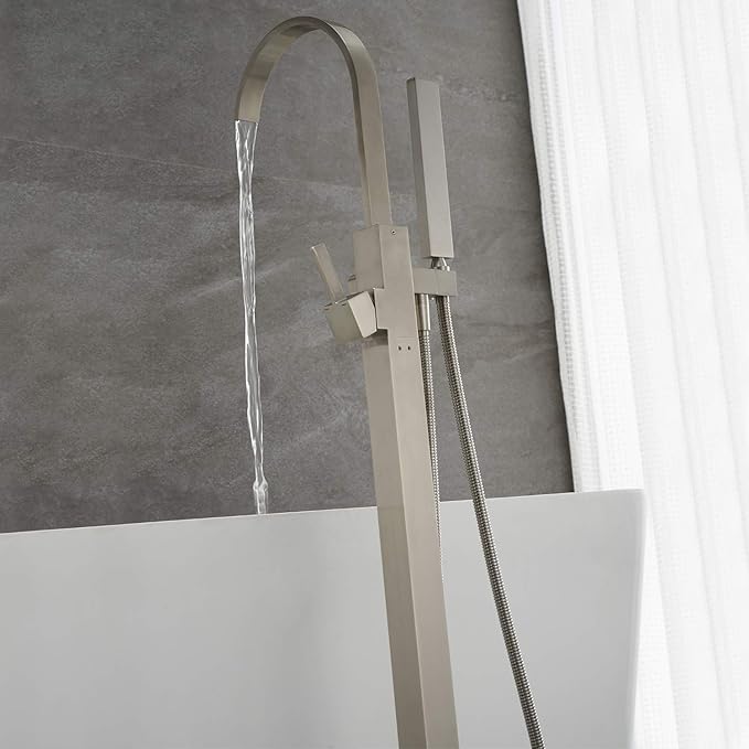 Freestanding Bathtub Faucet Tub Filler Brushed Nickel Waterfall Floor Mount Faucets Single Handle with Hand Shower