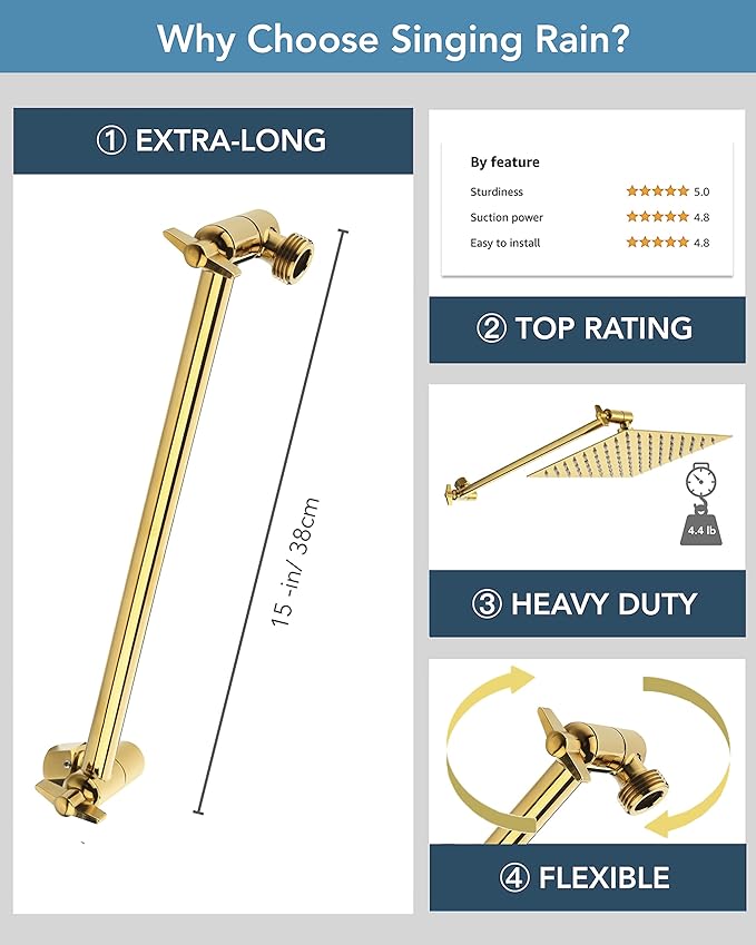 15 Inch Extra Long Adjustable Shower Head Extension Arm With Locking Set Screw, Singing Rain Brass Angle Height Adjustable, Easy To Install, G1/2 Universal Connector Compatible (Egyptian Gold)