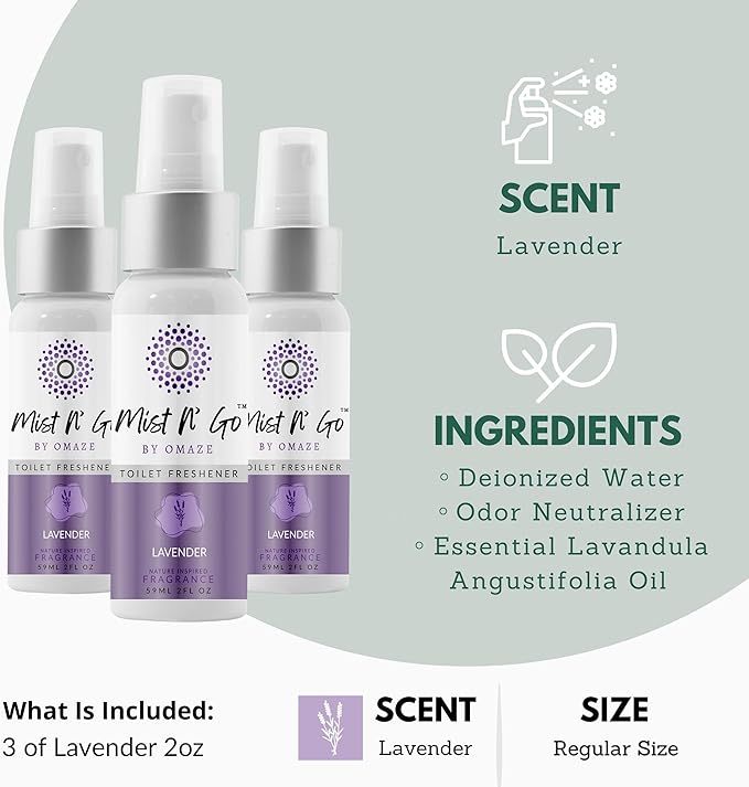 Mist N’ Go by Omaze Travel Bathroom Spray for Toilet Spray Odor Eliminator - Travel Toilet Spray for Bathroom Air Freshener Spray for Bathroom Deodorizer - Lavender Regular Size (2oz x3)