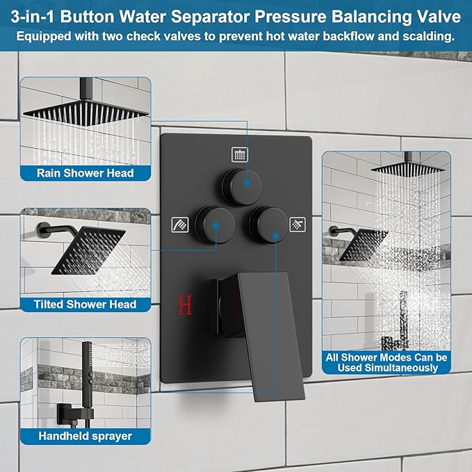 Shower Faucet Set Black Shower System, Ceiling Mount 12 Inch Shower Head With Wall Mount 6 Inch Shower Head and 2 in 1 Handheld Spray, Push Button Diverter Shower Valve Trim Kit Complete
