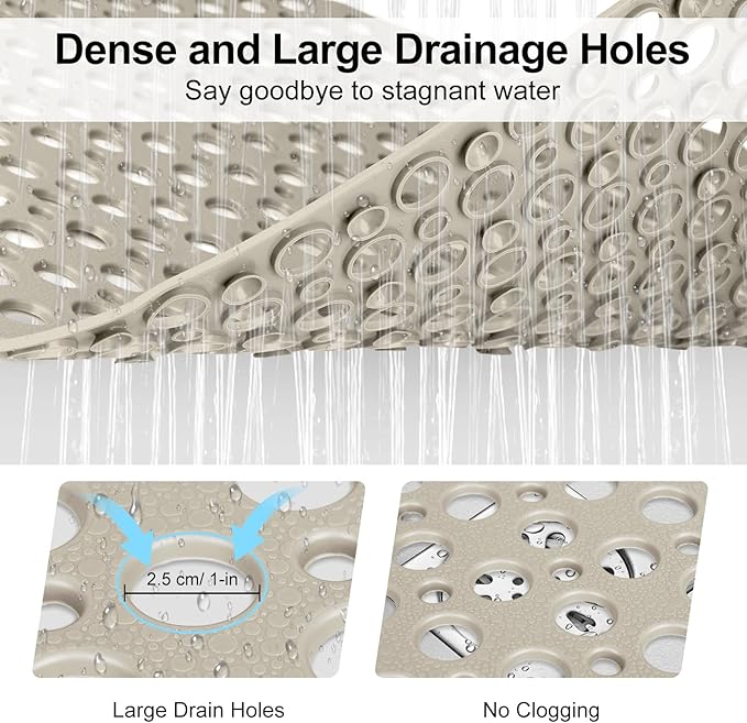Anti Slip Shower Mat with Suction Cups,31.5x47.2 Inch Quick Drain TPE Non Slip Shower Mats for Inside Shower,Large Bath Mat for Shower Soft on Feet, Easy to Dry&Cut Machine Washable