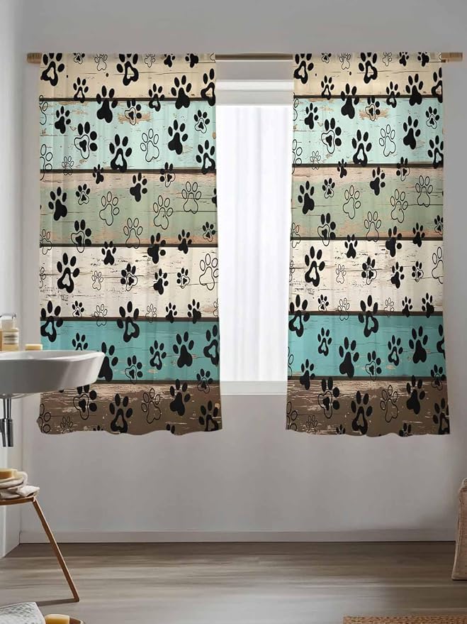 Sheer Curtains 72 Inches Long, Sage Green Brown Paw Prints Semi Sheer Curtains - Image 5