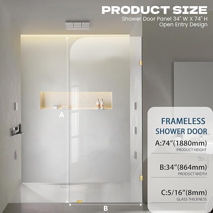 34" W ×74" H Shower Glass Panel, Frameless Bathroom Shower Door, Fixed Glass Shower Panel with Clamps, 5/16"(8mm) Thick Clear Tempered Shower Door in Brushed Gold