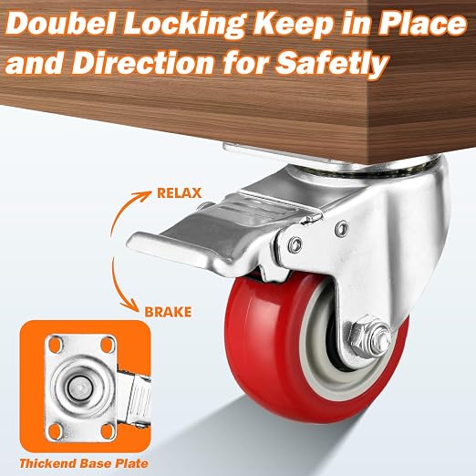 4" Casters Set of 4 Heavy-duty Industrial Caster Wheels, PU Noiseless Wheels - Image 6