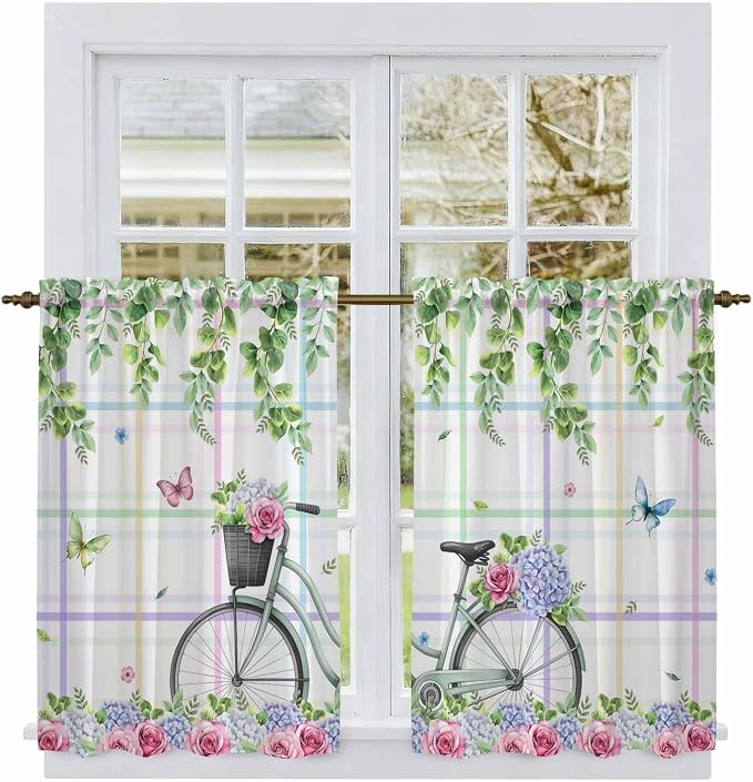 Spring Tier Curtains, Bicycles Botanical Leaves Rose Colorful Stripes Light by Unknown