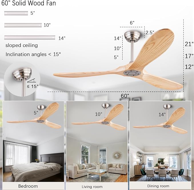 QUTWOB 60" Wood Ceiling Fan No Lights - Image 2
