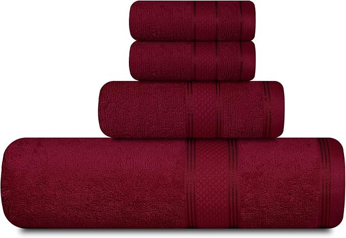 Casa Lino 4 Piece Bath Towel Set | 1 Bath Towel, 2 Wash Cloth, 1 Hand Towels | Bathroom Essentials for New Home, 100% Cotton Luxury Towels, Highly Absorbent Bathroom Set, Burgundy.