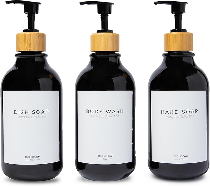 MaisoNovo Refillable Shampoo and Conditioner Bottles | 16.9 fl oz Set of 3 Black Plastic Bottles Black Bamboo Pumps