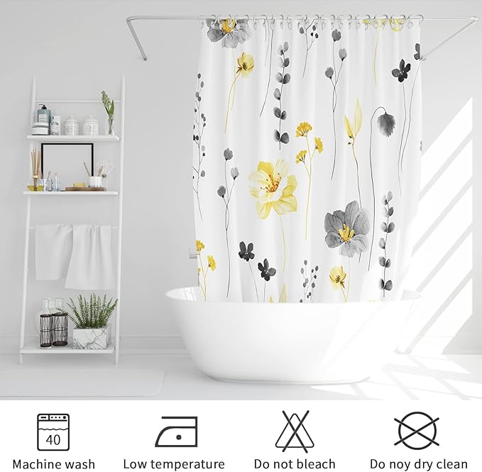 Gibelle Long Shower Curtain 72 x 78, Watercolor Floral Fabric Shower Curtain, Yellow Grey Flower Decorative Bathroom Shower Curtain Set