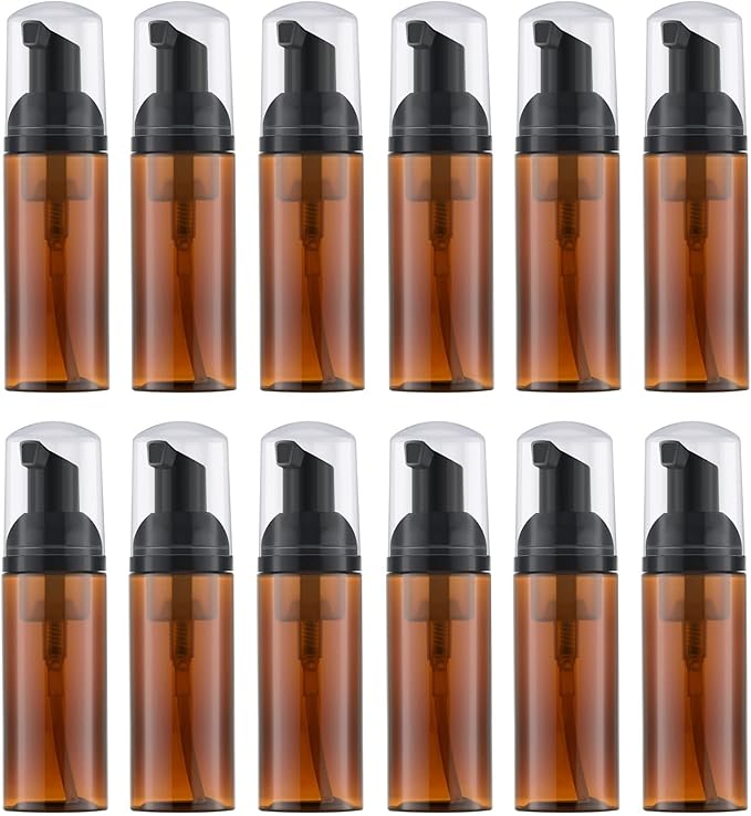 2 Oz Empty Foam Pump Bottle (12PCS) Travel Foaming Soap Dispenser for Hand Soap, Lash Shampoo Cleanser (Amber)