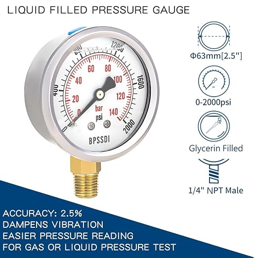 0-2000 Psi Glycerin Liquid Filled Hydraulic High Pressure Gauge, 2.5" Dial Size - Image 2