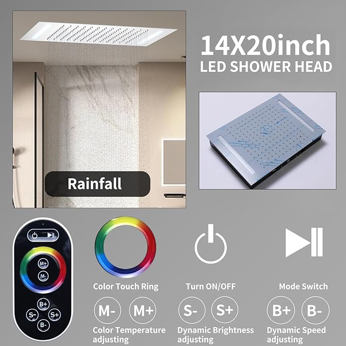 Shower System Polished Chrome Shower Faucet Set with 14X20 inch Shower Head, 6 PCS Body Jet and Handheld Shower, with Digital Temperature Display Function