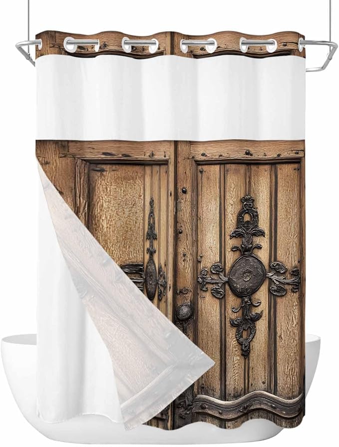 Wood Barn Door No Hook Shower Curtain by HELLOWINK