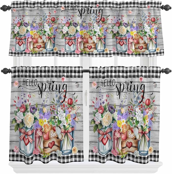 Spring Flowers Kitchen Curtain Set, Farmhouse Black Plaid Wood Grain Window by Unknown
