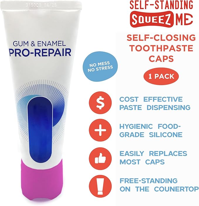 Chrome Cherry SqueezMe Self-Closing Toothpaste Caps, Silicone Lid for Kids & Adults, No Mess Toothpaste Dispenser, Self-Standing Easy Squeezer Cap, Bathroom Accessory, Self-Standing Pink, Pack of 1