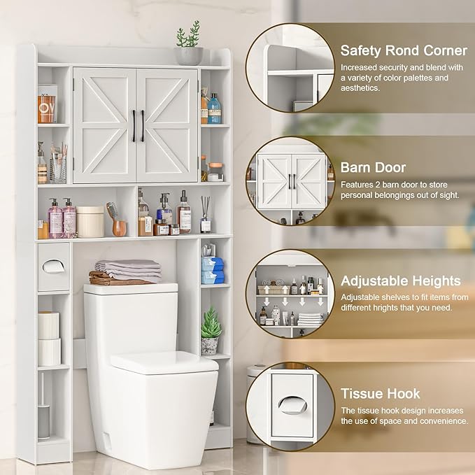 Farmhouse Storage Cabinet Over Toilet with Barn Doors，Over The Toilet Storage Cabinet, Home Space-Saving Toilet Rack, for Bathroom, Restroom, Laundry.